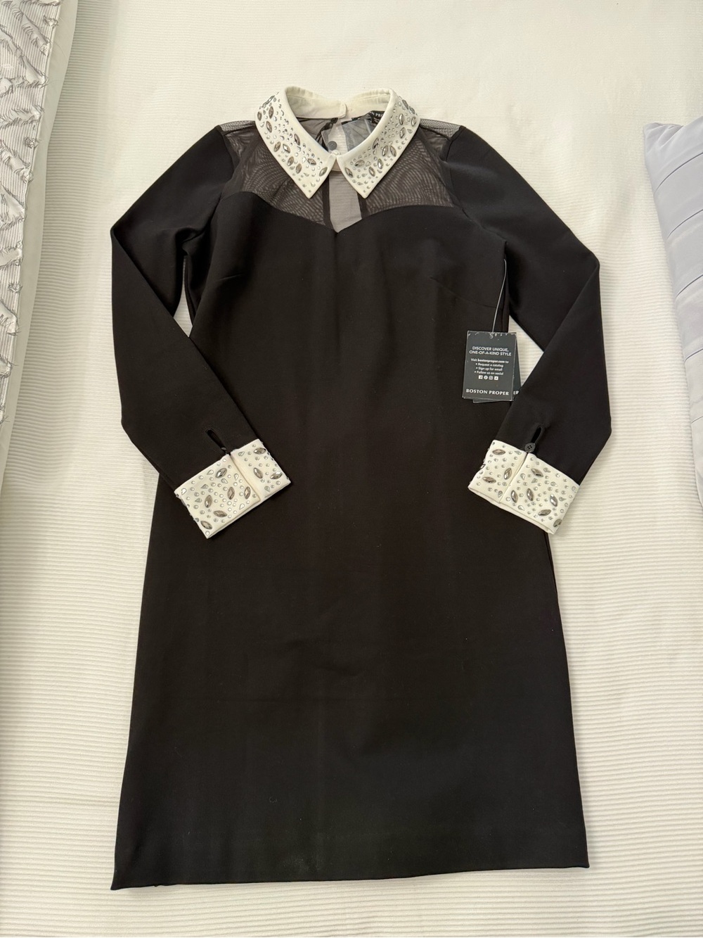 Boston Proper Black Long-Sleeve Dress with Embellished White Collar and Cuffs